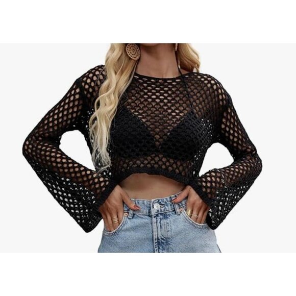 Paradise Medium Crop Open Knit Long Sleeve Beach Top NWT Vacation Black - Picture 1 of 6